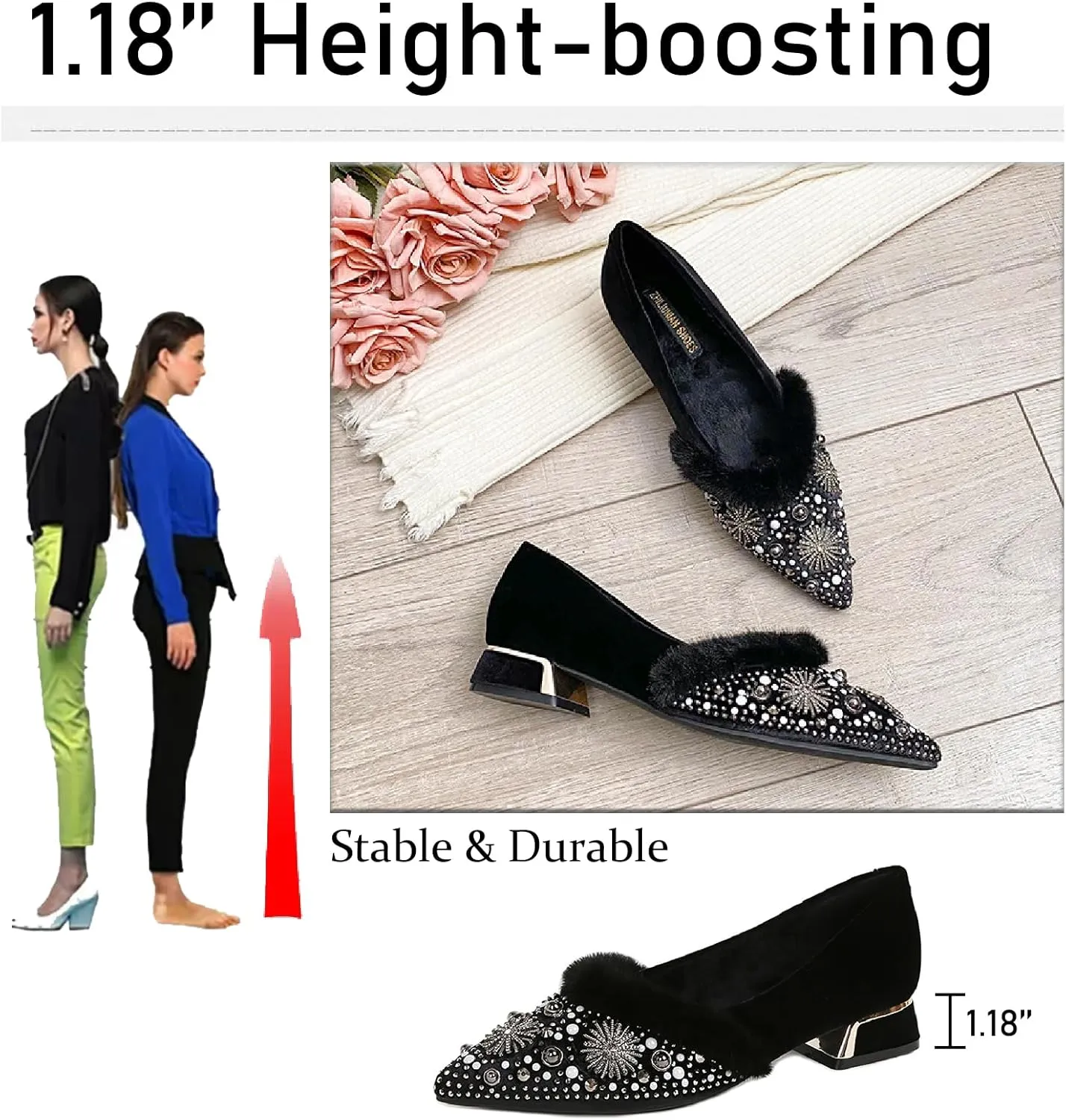 Women's Rhinestone Suede Chunky Heel Pumps Warm Fur Lined Fashion Pointed Toe Comfort Slip On Low Heels Dress Shoes for Wedding Party Evening Prom