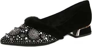 Women's Rhinestone Suede Chunky Heel Pumps Warm Fur Lined Fashion Pointed Toe Comfort Slip On Low Heels Dress Shoes for Wedding Party Evening Prom