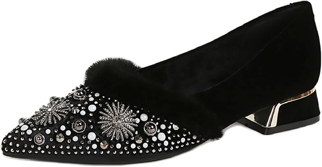 Women's Rhinestone Suede Chunky Heel Pumps Warm Fur Lined Fashion Pointed Toe Comfort Slip On Low Heels Dress Shoes for Wedding Party Evening Prom