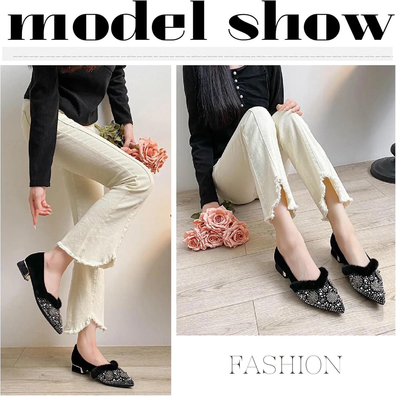 Women's Rhinestone Suede Chunky Heel Pumps Warm Fur Lined Fashion Pointed Toe Comfort Slip On Low Heels Dress Shoes for Wedding Party Evening Prom