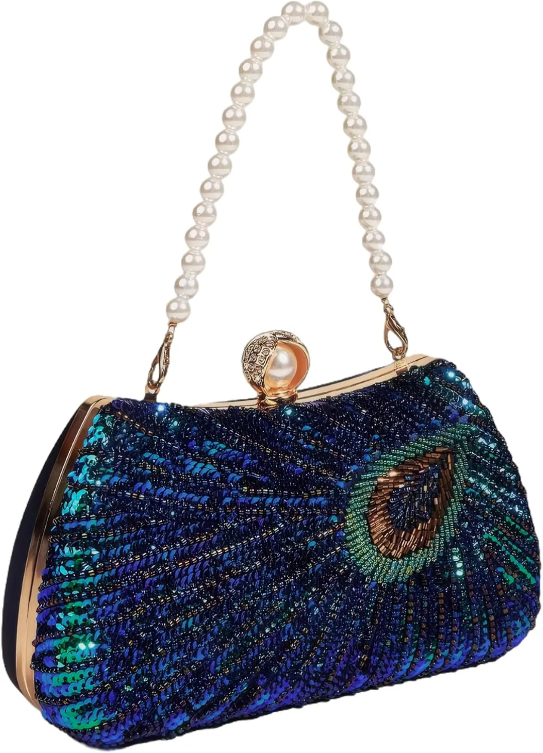 Women's Sequin Beaded Peacock Evening Clutch Purse Pearl Chain Vintage Handbag