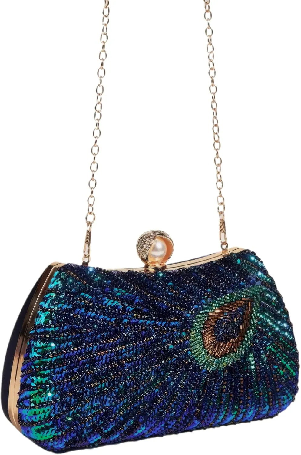 Women's Sequin Beaded Peacock Evening Clutch Purse Pearl Chain Vintage Handbag