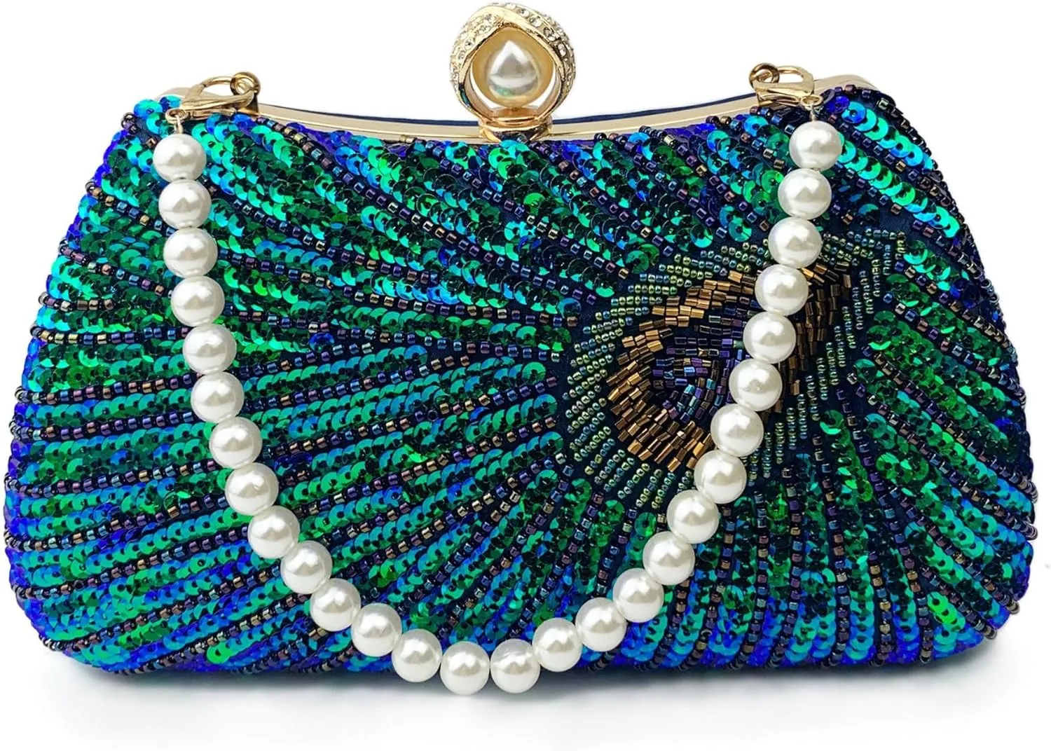 Women's Sequin Beaded Peacock Evening Clutch Purse Pearl Chain Vintage Handbag
