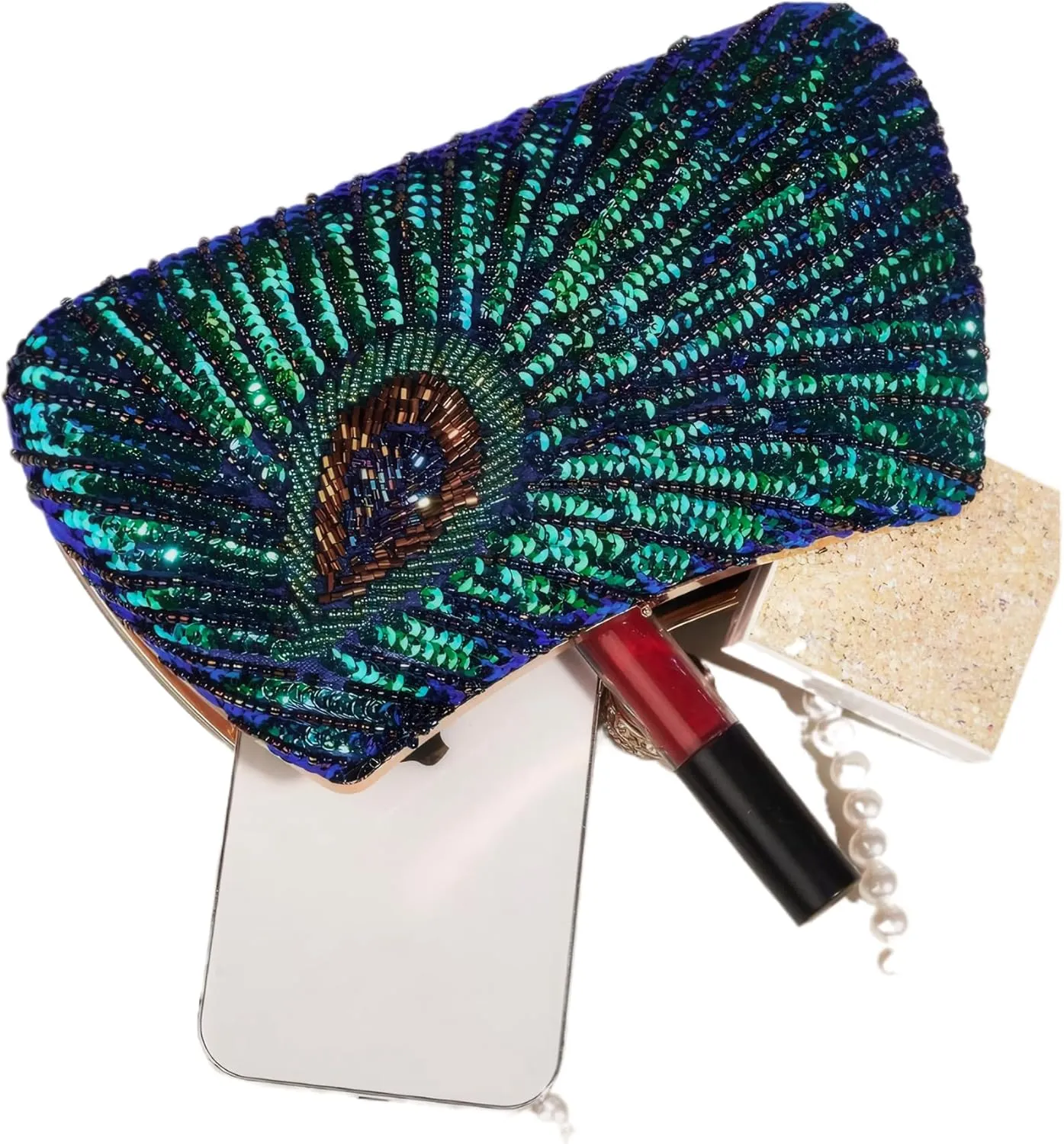 Women's Sequin Beaded Peacock Evening Clutch Purse Pearl Chain Vintage Handbag