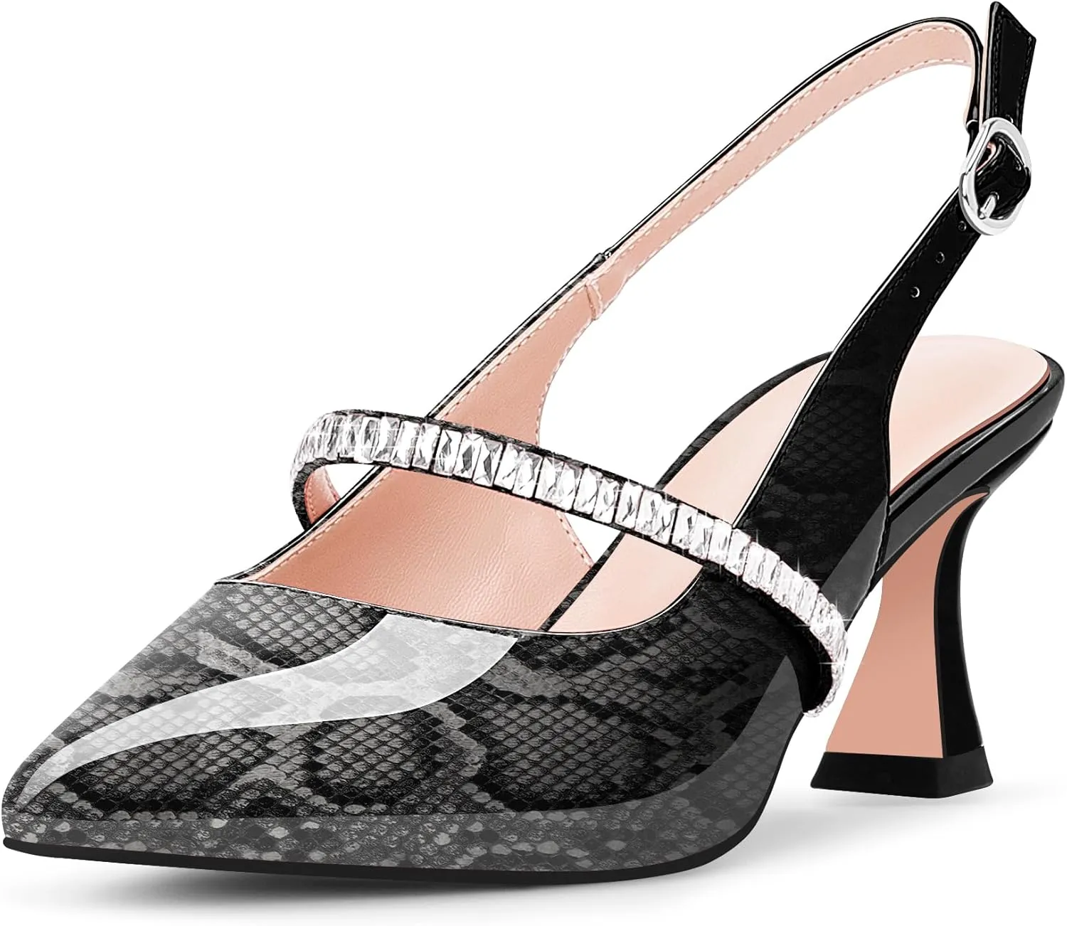 Women's Slingback Heels Rhinestone Pointed Toe Chunky Heel Pumps Party Dress Shoes
