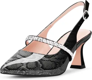 Women's Slingback Heels Rhinestone Pointed Toe Chunky Heel Pumps Party Dress Shoes