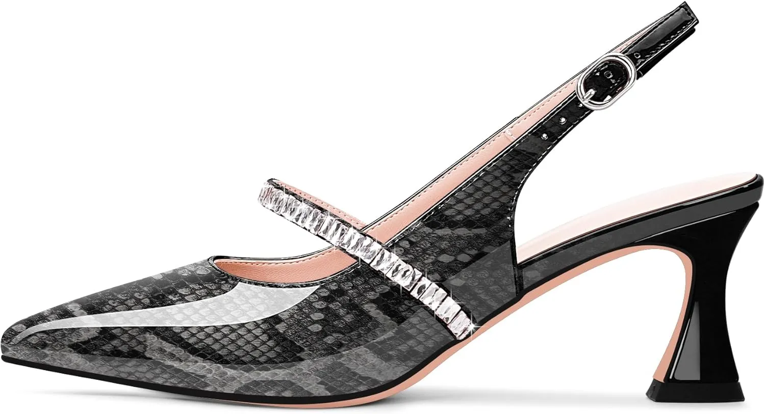 Women's Slingback Heels Rhinestone Pointed Toe Chunky Heel Pumps Party Dress Shoes