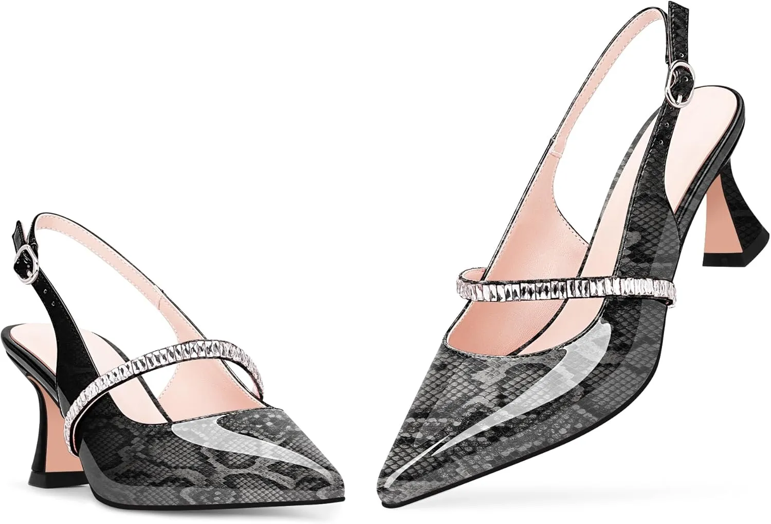 Women's Slingback Heels Rhinestone Pointed Toe Chunky Heel Pumps Party Dress Shoes