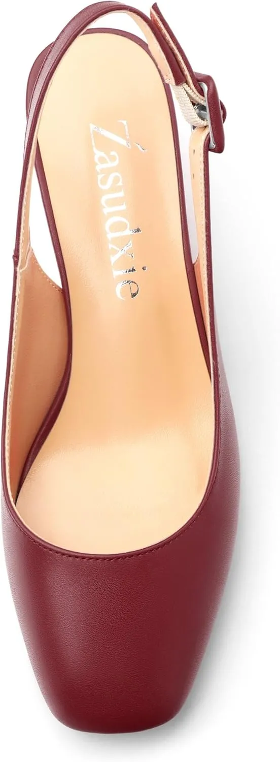 Women's Slingback Low Chunky Heels Square Toe Block Heels for Women Closed Toe Comfortable Casual Wedding Work Pumps 2 Inch