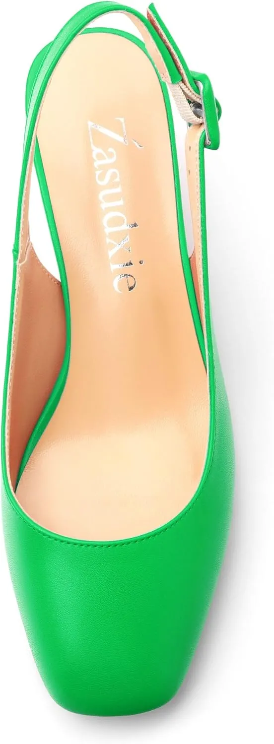 Women's Slingback Low Chunky Heels Square Toe Block Heels for Women Closed Toe Comfortable Casual Wedding Work Pumps 2 Inch
