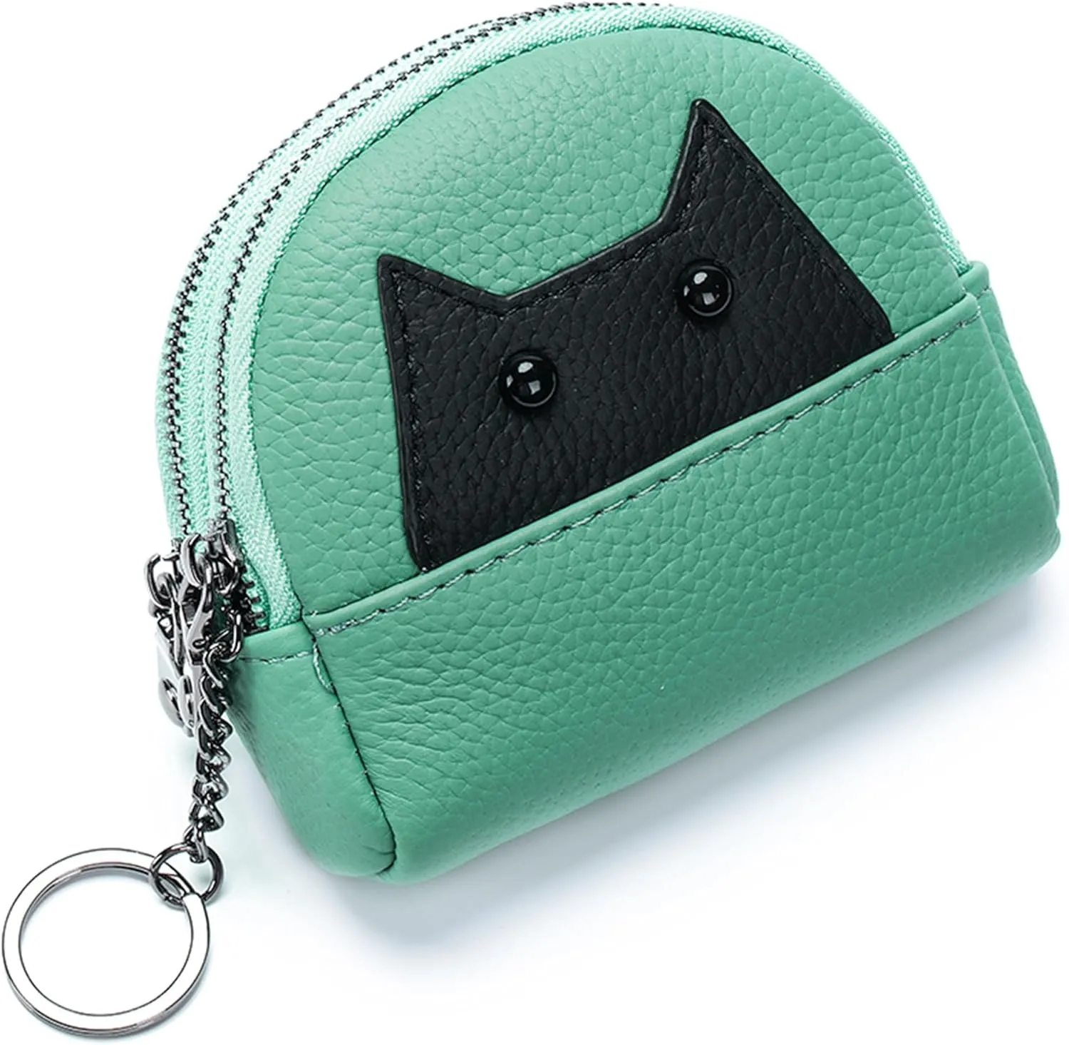 Women's Soft Leather Mini Coin Purse with KeyChain, Cute Cat Face Coin Pouch with Zipper for Women Fashionable Wallet Leather Classic Money Bag (Sea Green)