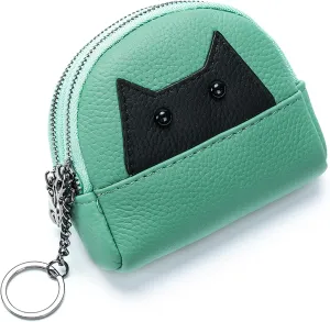 Women's Soft Leather Mini Coin Purse with KeyChain, Cute Cat Face Coin Pouch with Zipper for Women Fashionable Wallet Leather Classic Money Bag (Sea Green)
