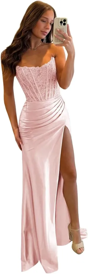 Women's Strapless Satin Prom Dress Long Mermaid Lace Corset Evening Formal Gowns with Slit