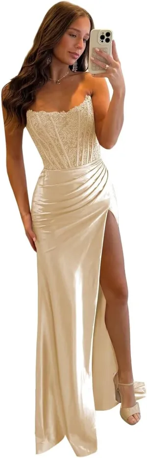 Women's Strapless Satin Prom Dress Long Mermaid Lace Corset Evening Formal Gowns with Slit