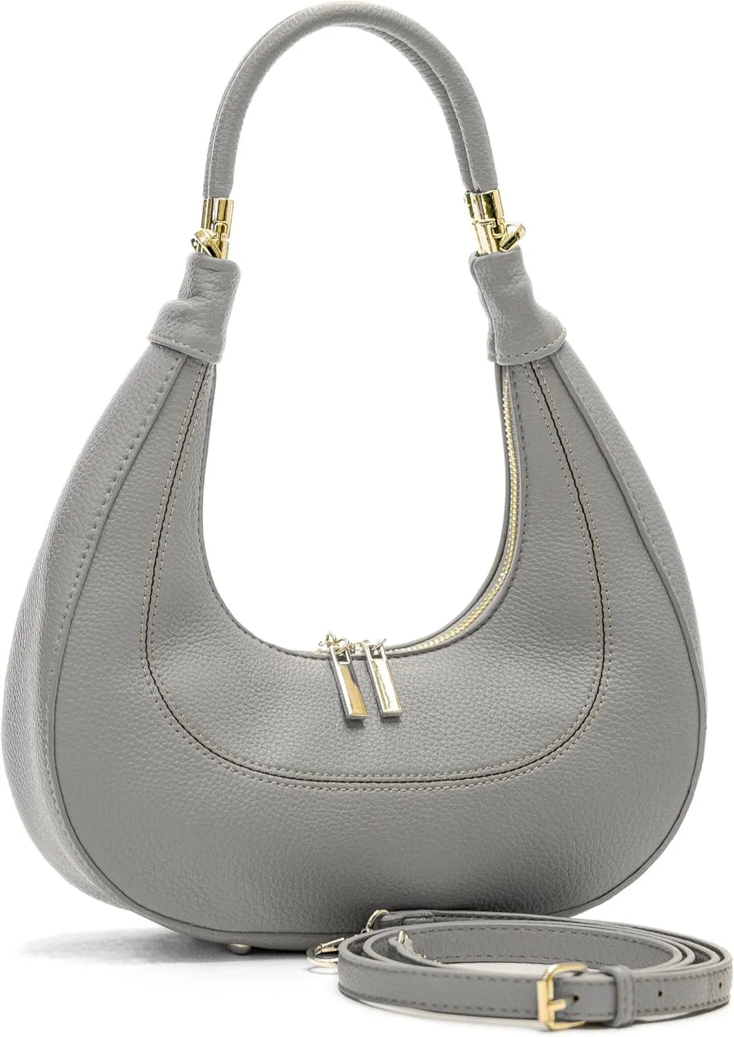 Women's Structured Faux Leather Half Moon Shoulder Bag with Top Handle and Long Strap – Selene