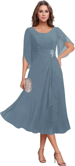 Women's Tea Length Mother of The Bride Dresses Chiffon Ruffles Short Sleeve Formal Dress for Wedding Guest