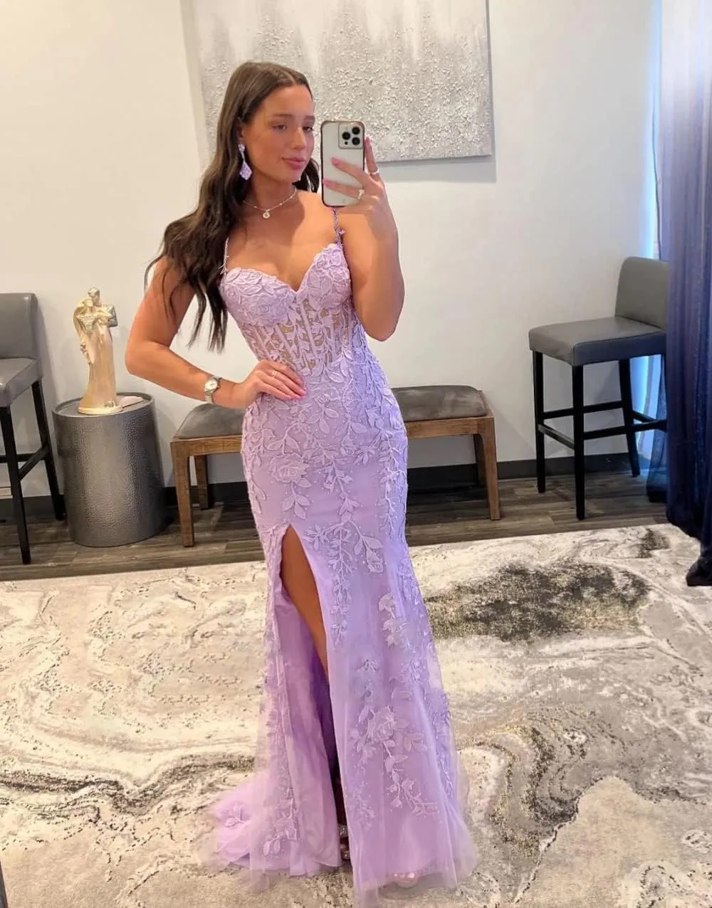 Women's V Neck Lace Appliques Tulle Long Prom Dresses with Slit Spaghetti Straps Corset Formal Evening Dress