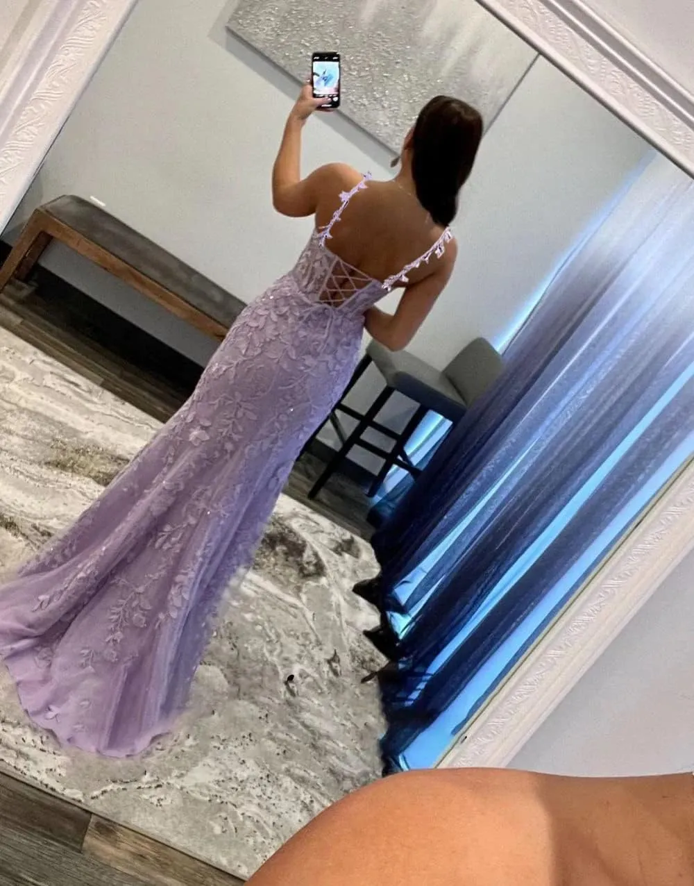 Women's V Neck Lace Appliques Tulle Long Prom Dresses with Slit Spaghetti Straps Corset Formal Evening Dress