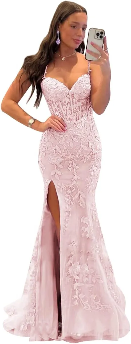 Women's V Neck Lace Appliques Tulle Long Prom Dresses with Slit Spaghetti Straps Corset Formal Evening Dress