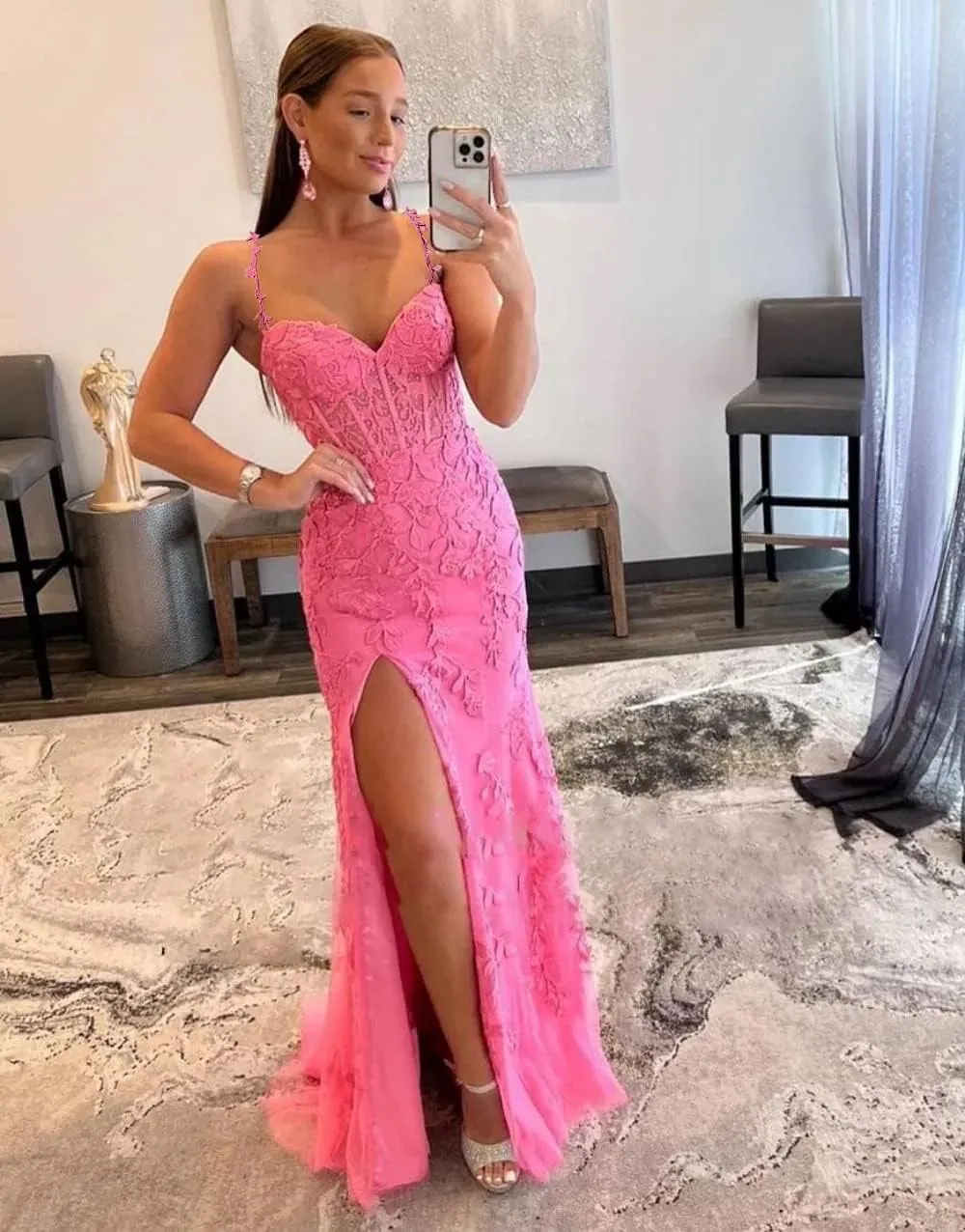 Women's V Neck Lace Appliques Tulle Long Prom Dresses with Slit Spaghetti Straps Corset Formal Evening Dress