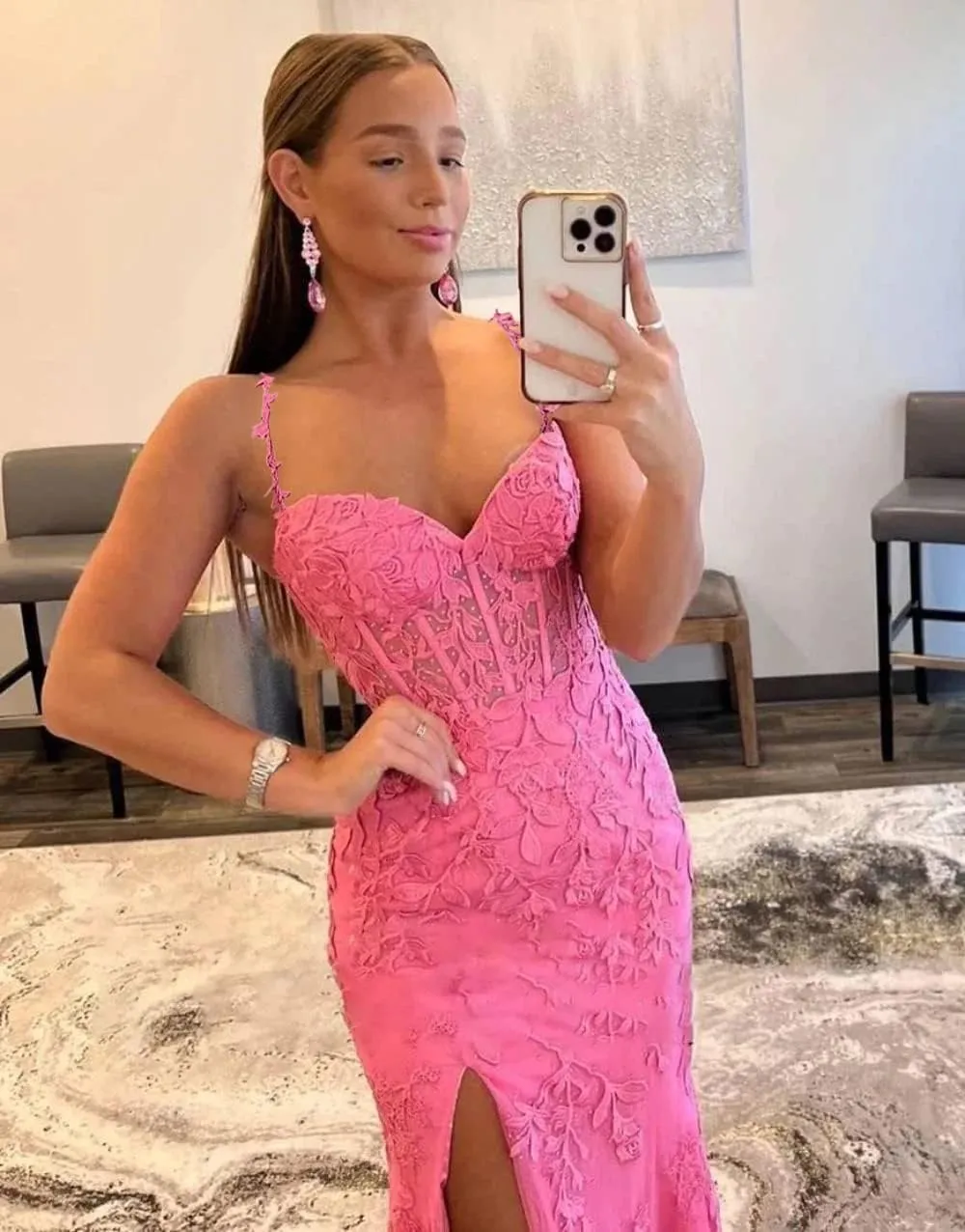 Women's V Neck Lace Appliques Tulle Long Prom Dresses with Slit Spaghetti Straps Corset Formal Evening Dress