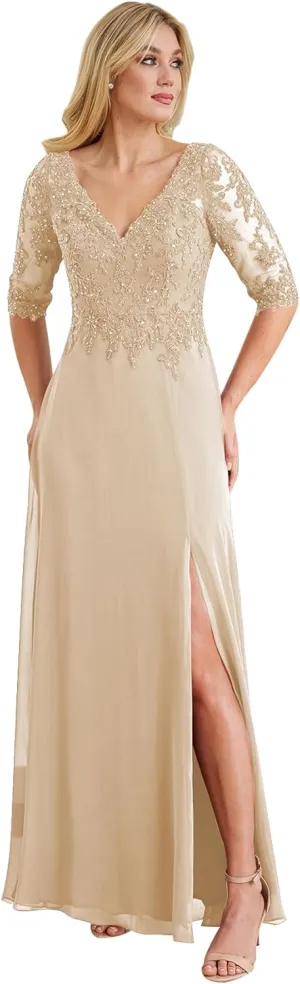 Women's V Neck Lace Mother of The Bride Dresses Short Sleeve Chiffon Long Formal Party Gown with Slit