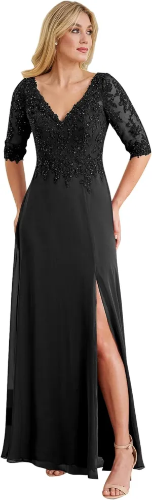 Women's V Neck Lace Mother of The Bride Dresses Short Sleeve Chiffon Long Formal Party Gown with Slit