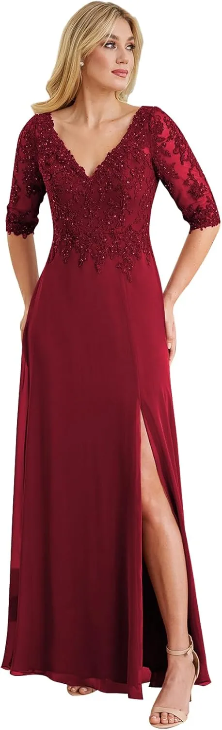 Women's V Neck Lace Mother of The Bride Dresses Short Sleeve Chiffon Long Formal Party Gown with Slit