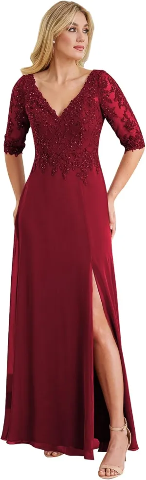 Women's V Neck Lace Mother of The Bride Dresses Short Sleeve Chiffon Long Formal Party Gown with Slit