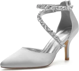 Women's Wedding Shoes for Bride High Heels Sandals Pointed Toe Bridal Shoes Ankle Strap Zipper Beaded Satin Prom Party Dress Pumps