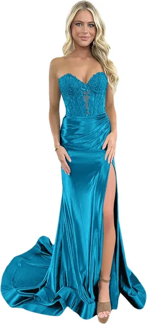 Wome's Strapless Prom Dress 2025 Long Appliques Sweetheart Ruched Satin Mermaid Formal Evening Gown