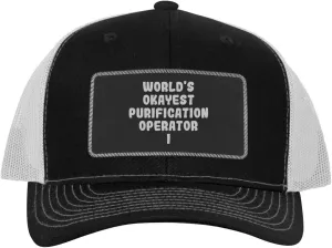 World's Okayest Purification Operator I - Leather Black Patch Engraved Trucker Hat