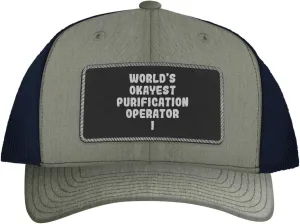 World's Okayest Purification Operator I - Leather Black Patch Engraved Trucker Hat