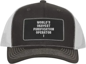 World's Okayest Purification Operator I - Leather Black Patch Engraved Trucker Hat