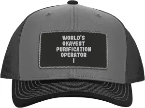 World's Okayest Purification Operator I - Leather Black Patch Engraved Trucker Hat