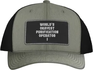 World's Okayest Purification Operator I - Leather Black Patch Engraved Trucker Hat