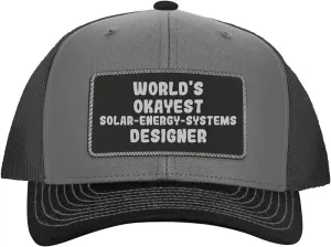World's Okayest Solar-Energy-Systems Designer - Leather Black Patch Engraved Trucker Hat