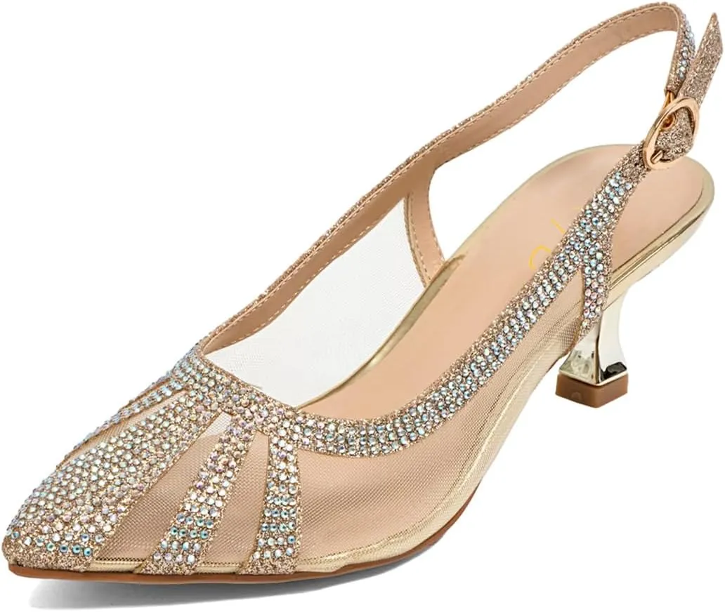 XYD Women Bridal Slingback Heels Pumps Closed Pointed Toe Slip On Mesh Rhinestone Studs Low Heels Wedding Evening Party Shoes