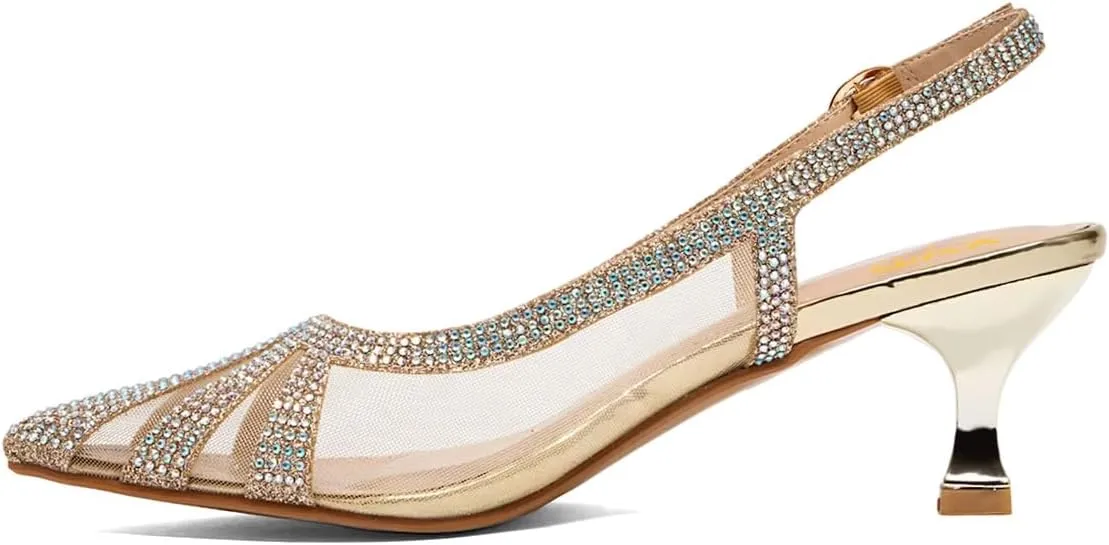 XYD Women Bridal Slingback Heels Pumps Closed Pointed Toe Slip On Mesh Rhinestone Studs Low Heels Wedding Evening Party Shoes