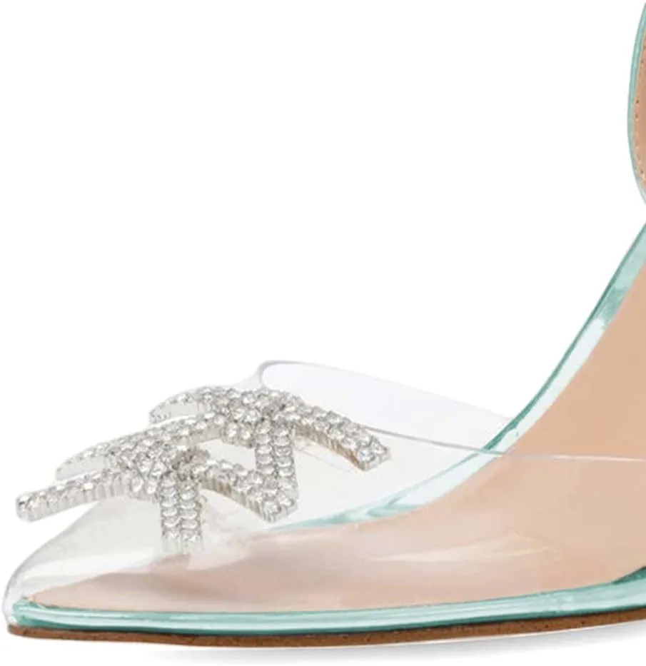 XYD Women Crystal Ankle Strap Pumps High Heel Rhinestone Transparent Pointed Toe Pearls Strappy Slingback Wedding Prom Shoes
