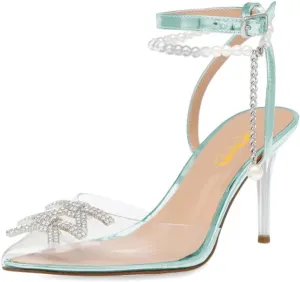 XYD Women Crystal Ankle Strap Pumps High Heel Rhinestone Transparent Pointed Toe Pearls Strappy Slingback Wedding Prom Shoes