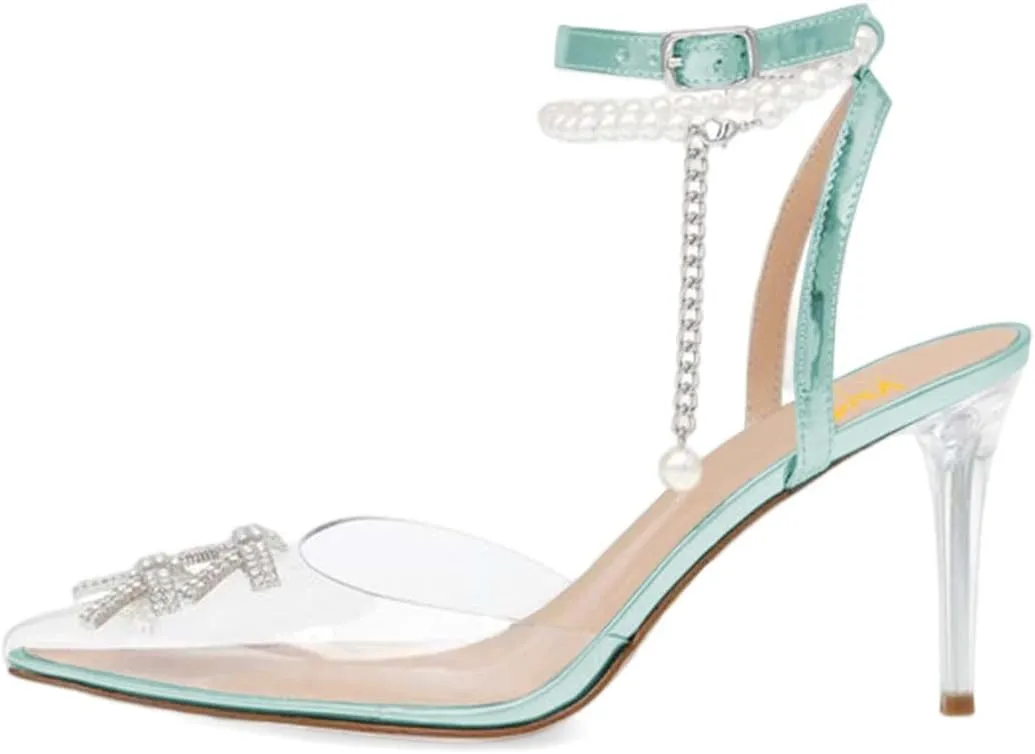 XYD Women Crystal Ankle Strap Pumps High Heel Rhinestone Transparent Pointed Toe Pearls Strappy Slingback Wedding Prom Shoes