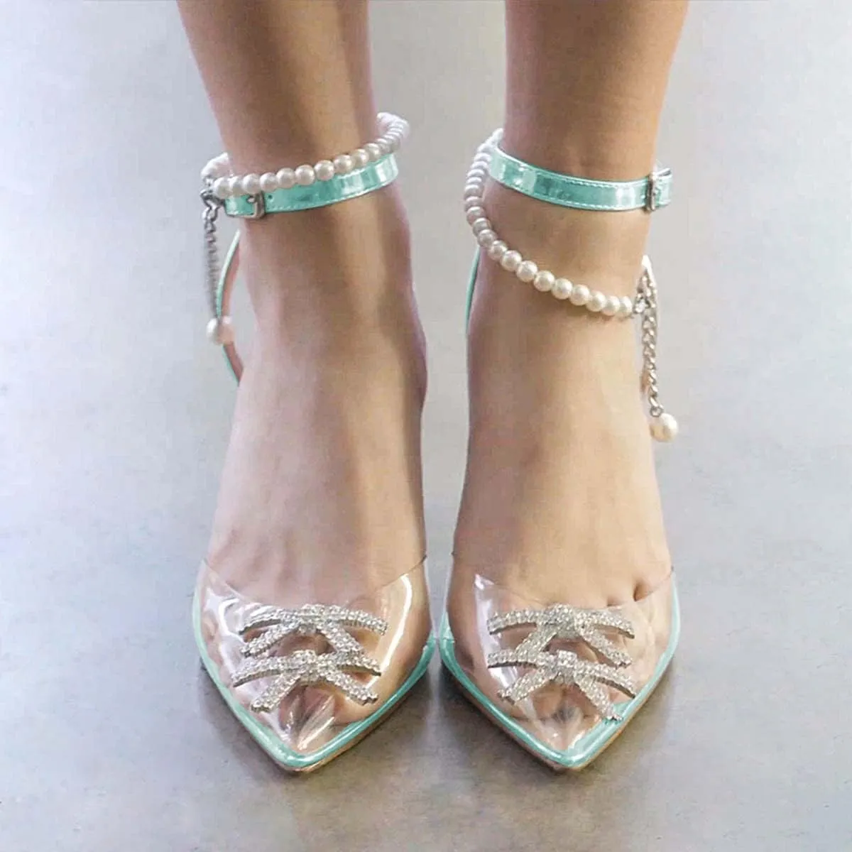XYD Women Crystal Ankle Strap Pumps High Heel Rhinestone Transparent Pointed Toe Pearls Strappy Slingback Wedding Prom Shoes
