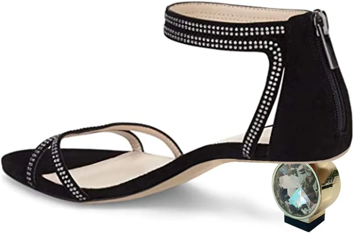 XYD Women Open Toe Low Heel Strappy Rhinestone Sandals Ankle Strap Wedding Dress Dance Pumps with Zip