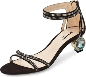 XYD Women Open Toe Low Heel Strappy Rhinestone Sandals Ankle Strap Wedding Dress Dance Pumps with Zip