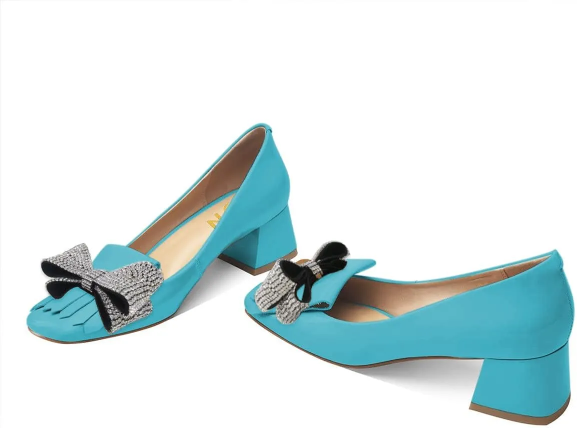 YDN Womens Squared Toe Tassel Pumps Rhinestone Bow Chunky Low Heel Slip On Comfy Dressy Date Office Shoe Size 4-15 US