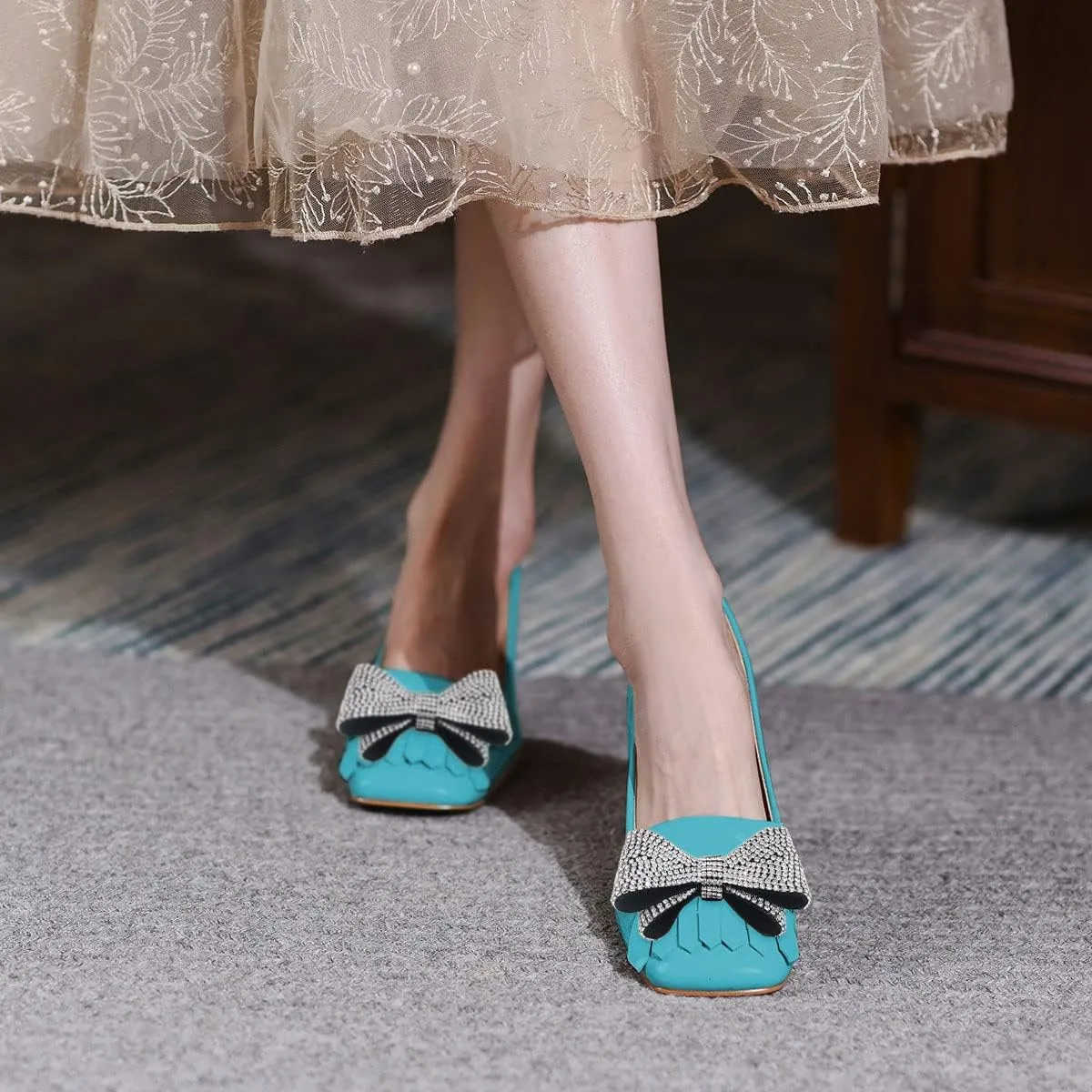 YDN Womens Squared Toe Tassel Pumps Rhinestone Bow Chunky Low Heel Slip On Comfy Dressy Date Office Shoe Size 4-15 US