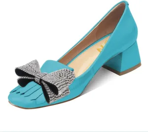 YDN Womens Squared Toe Tassel Pumps Rhinestone Bow Chunky Low Heel Slip On Comfy Dressy Date Office Shoe Size 4-15 US