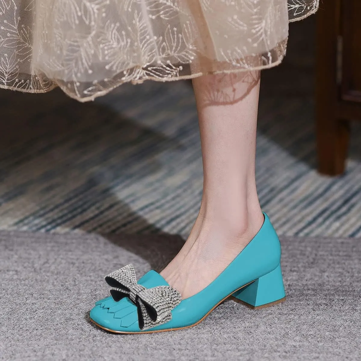 YDN Womens Squared Toe Tassel Pumps Rhinestone Bow Chunky Low Heel Slip On Comfy Dressy Date Office Shoe Size 4-15 US