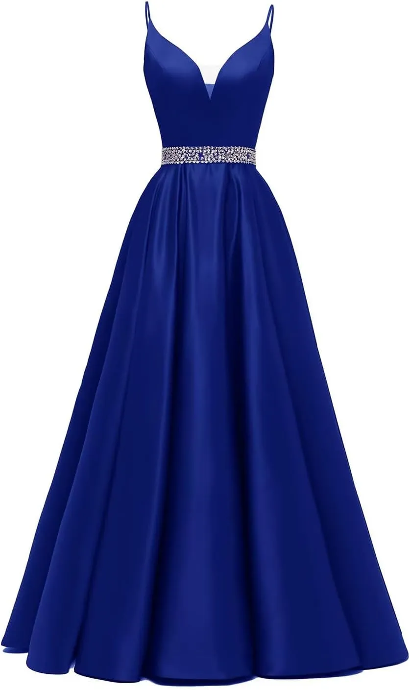Yexinbridal Satin Prom Dresses Long for Women 2025 Spaghetti Straps Beaded V-Neck Formal Evening Party Gowns